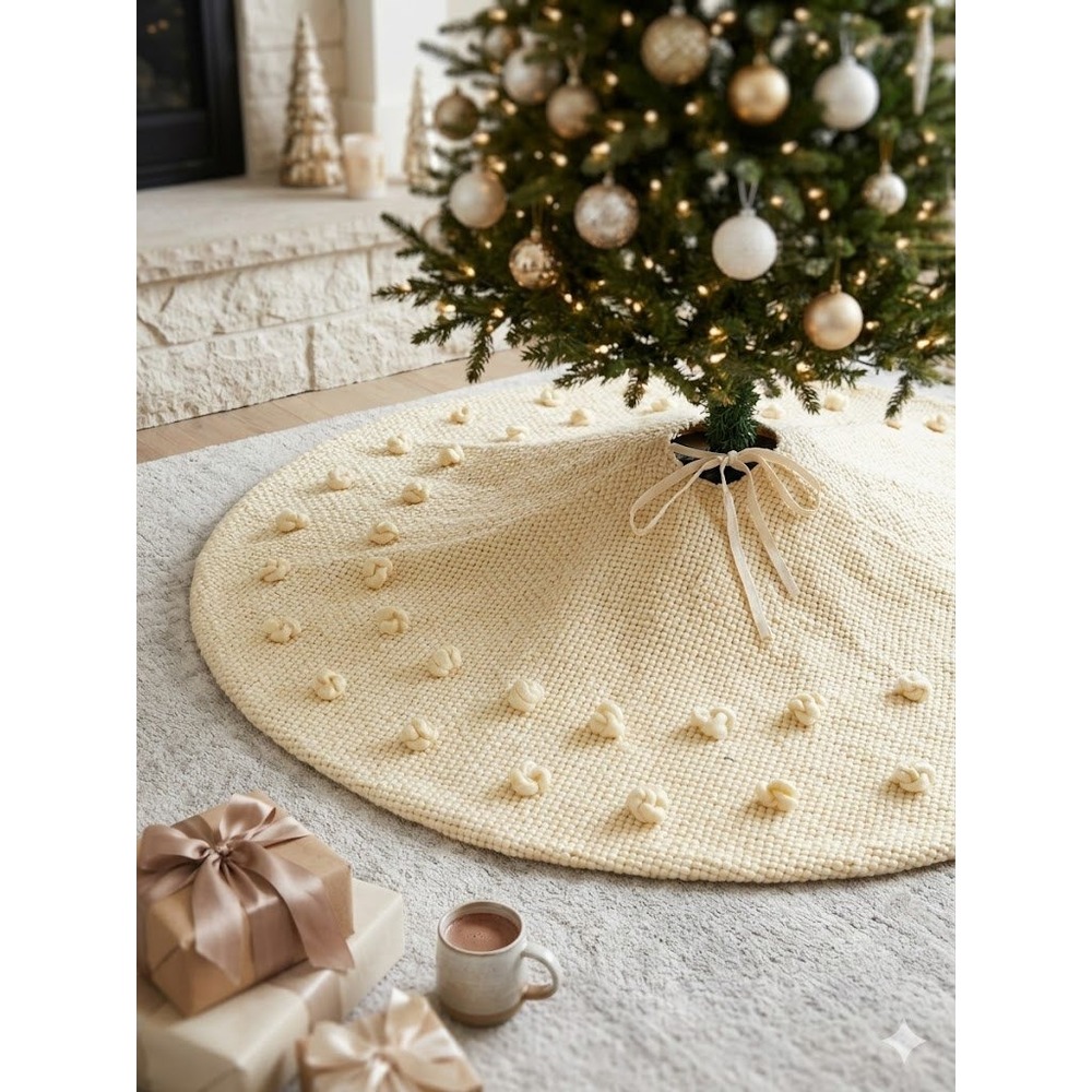 Anthropologie Cozy Bobble Tree Skirt 60" Ivory Cream Knit Pompom Christmas